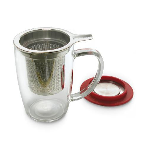 Chinese Red White Porcelain Loose Leaf Tea Brewing Mug Cup Lid Infuser 3 Pc  Set